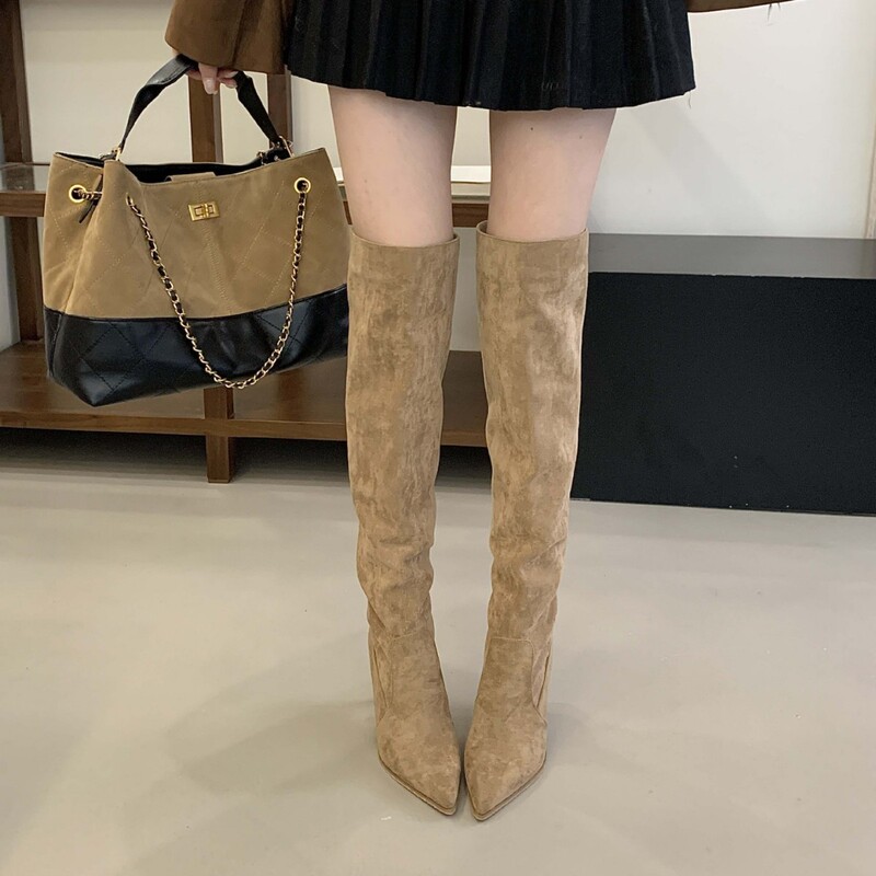 New Autumn and Winter Style Over-The-Knee Fleece-Lined Boots for Petite Individuals, Dual-Wear with Side Zipper, Pointed Toe, Suede, Thin Heel, High-Heeled Boots in Stock