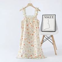 现货吊带裙睡衣女绉布纯棉纱睡裙韩系可爱印花长裙家居服棉质柔软