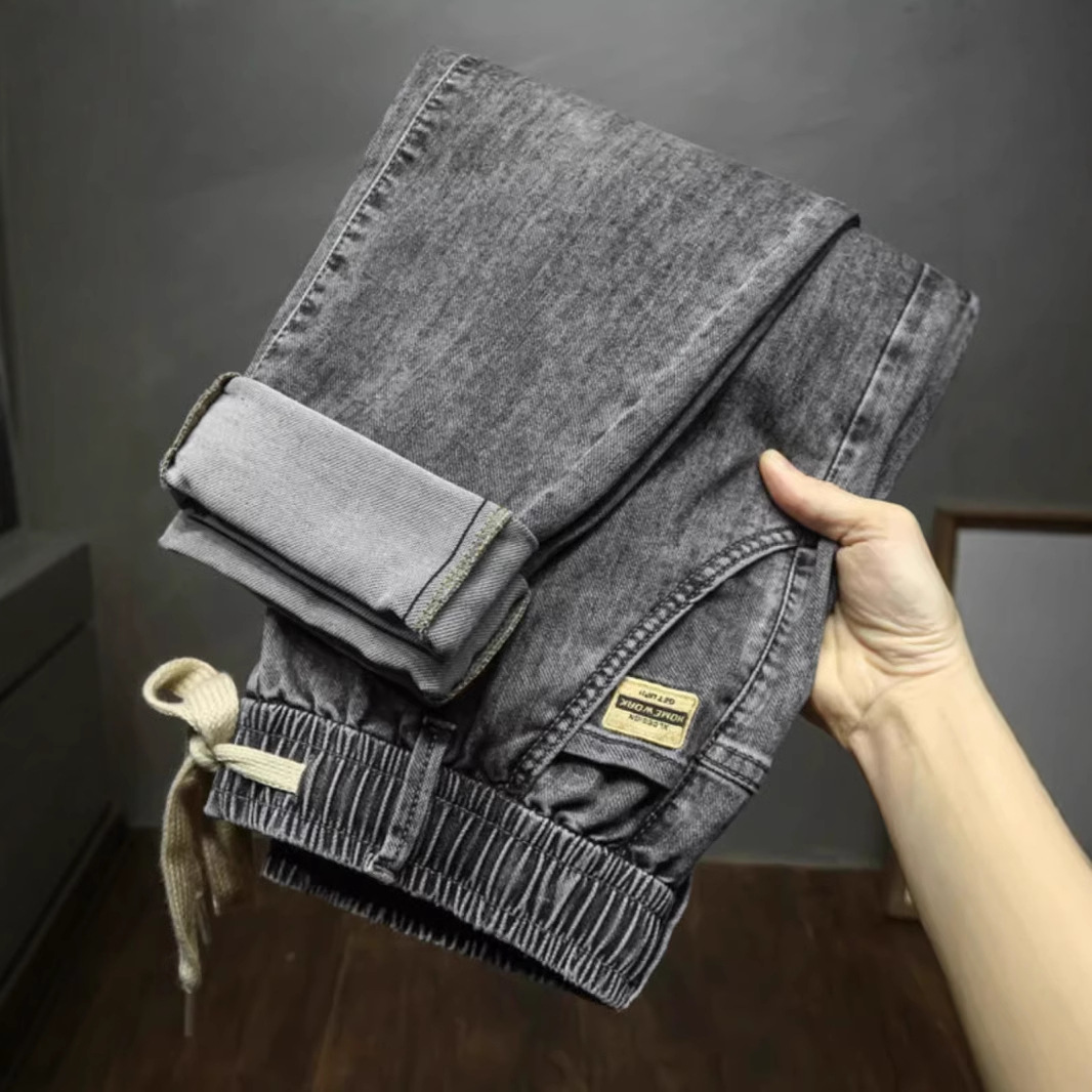 Schwarze, bügelfreie Herren-Arbeitshose, gerades Bein, elastischer Bund, Jeans, neuer Stil für Frühling und Herbst_voghion.com