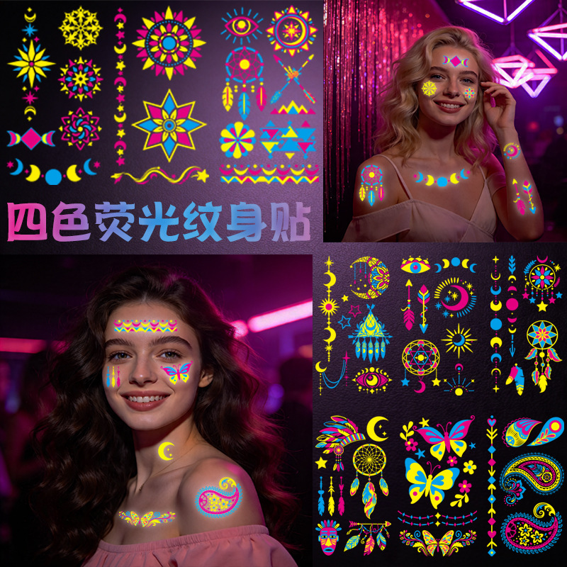 New cross-border European and American party four-color fluorescent tattoo stickers, temporary makeup stickers for parties, neon glow-in-the-dark tattoo stickers New cross-border European and American party four-color fluorescent tattoo stickers, temporary makeup stickers for parties, neon glow-in-the-dark tattoo stickers