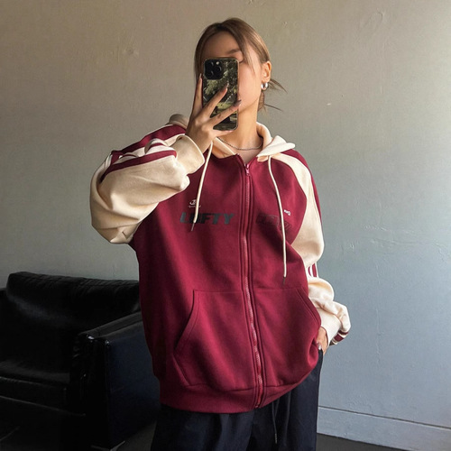 Spot 2026 autumn and winter fashionable American splicing color contrast ins simple personality hooded loose hooded hooded sweater coat wholesale