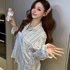 【海岛绒】维家小碎花秋冬新款双面绒睡衣女甜美条纹家居服长袖厚