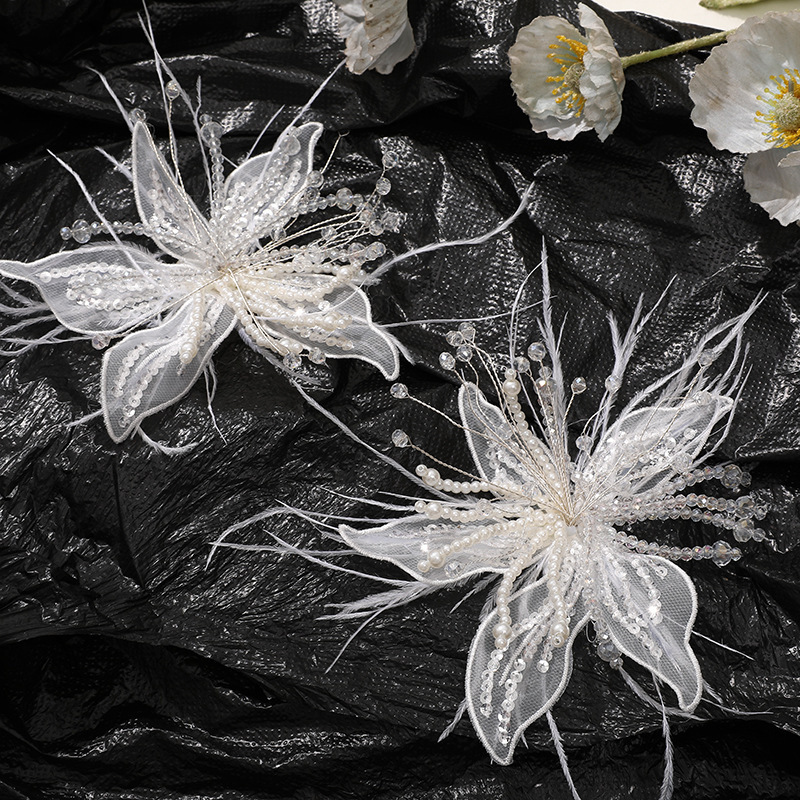 仙美纯欲白色蕾丝羽毛珍珠水晶花diy扭丝花头饰抓夹胸花服饰辅料|undefined