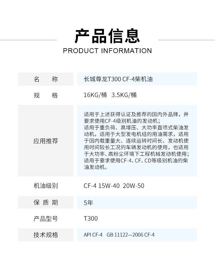 Suitable for Great Wall Zunlong T300/500/700 Other 5W-40 20W-50 Diesel Engine Oil Engine Trucks