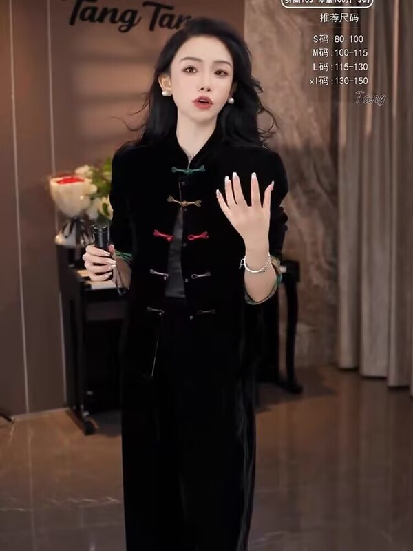 新中式国风印花盘扣黑色丝绒外套女2025新款气质双面穿宽松上衣|undefined