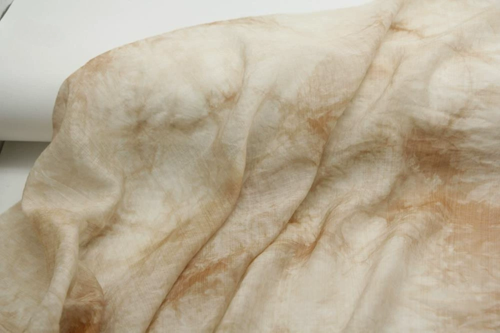 Мягкая слегка прозрачная бежево-абрикосовая + оранжевая травяная шелковая льняная ткань с принтом тай-дай, марлевая юбка из ткани Tencel, ткань династии Хань