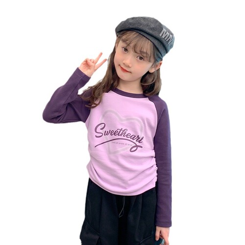 Children's clothing love printed girls' T-shirt long-sleeved pure cotton children's spring top 2024 new girl's bottoming shirt