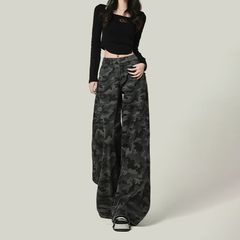 アメリカの高街の工装の広脚の迷彩のジーパンの女性の垂れ下がった感じの春の復古の高い腰のゆったりしているのが見えます。