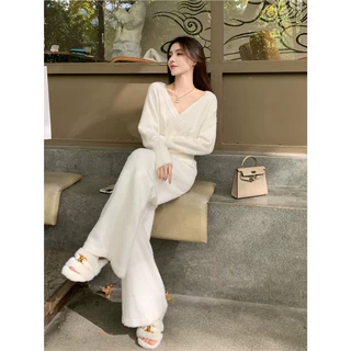 深圳南油2026超火冬装气质名媛V领针织外套阔腿裤运动两件套女