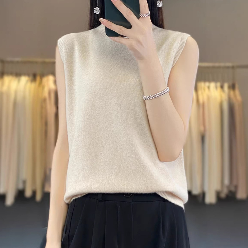 High-End Ready-To-Wear Half-Turtleneck Wool Short-Sleeve Vest for Women, Seamless Versatile Sleeveless Knitted Base T-Shirt, Stylish Top