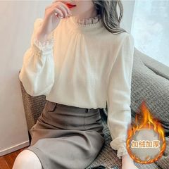 2025 Spring and Autumn New French Half-Turnneck Puff Sleeve Chiffon Top Fashionable Pearl Lace Lace Base Shirt