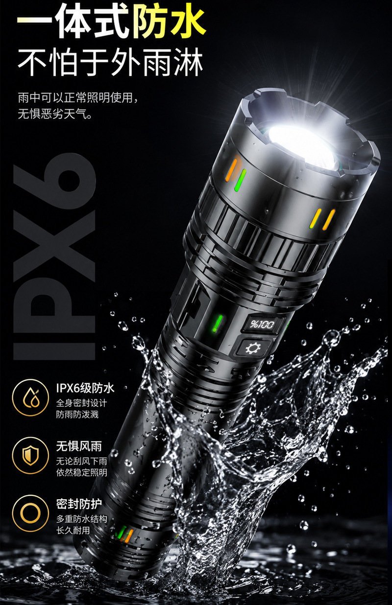 Cross-border ultra-bright tactical outdoor flashlight made of aluminum alloy with digital display, retractable zoom, and long battery life