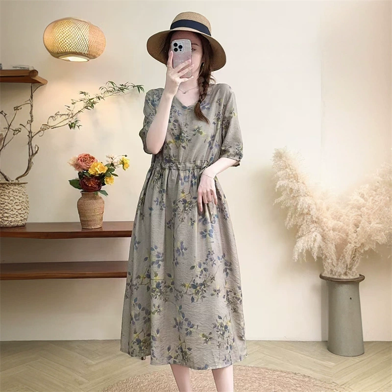 2025 новое платье с длинными рукавами, модное новое платье с цветочным принтом, большой размер, юбка средней длины, закрывающая живот, для похудения