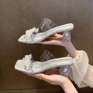 Transparent High-Heeled Shoes for Women's Summer Outer Wear, Elegant Crystal Sandals and Slippers, 2025 New Style, Thick-Heeled French Sandals That Are Not Tiring for the Feet