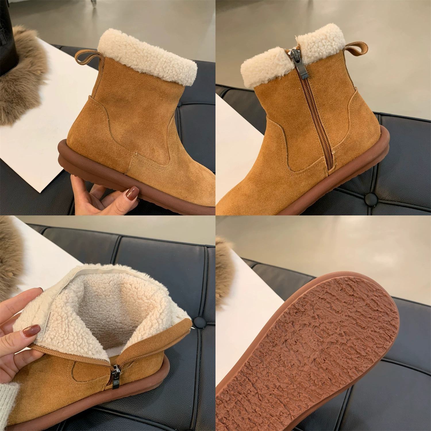 Snow boots women's winter fur one thick warm ankle boots with velvet cotton shoes_voghion.com