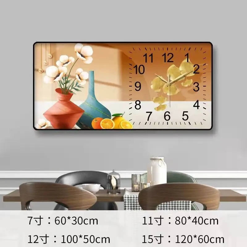 2023 nuevo restaurante pintura decorativa reloj luz comedor de lujo Fondo colgante de pared pintura cálida sala de estar reloj mural de Cristal