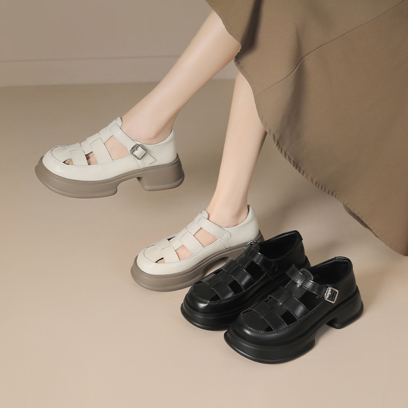 Dép sandal La Mã nữ đế dày da thật bít mũi — BK153 màu đen