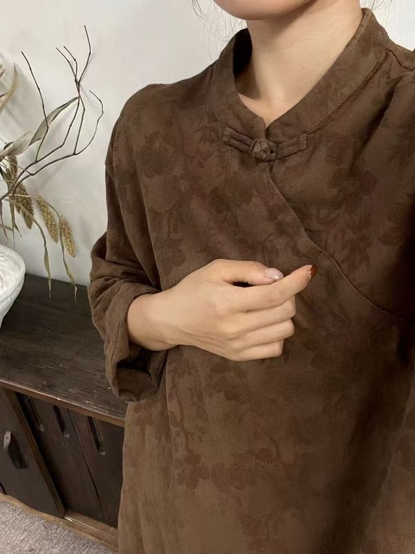 2025秋新款立领斜襟外穿宽松中式女衬衫盘扣茶服复古亚麻提花上衣|undefined