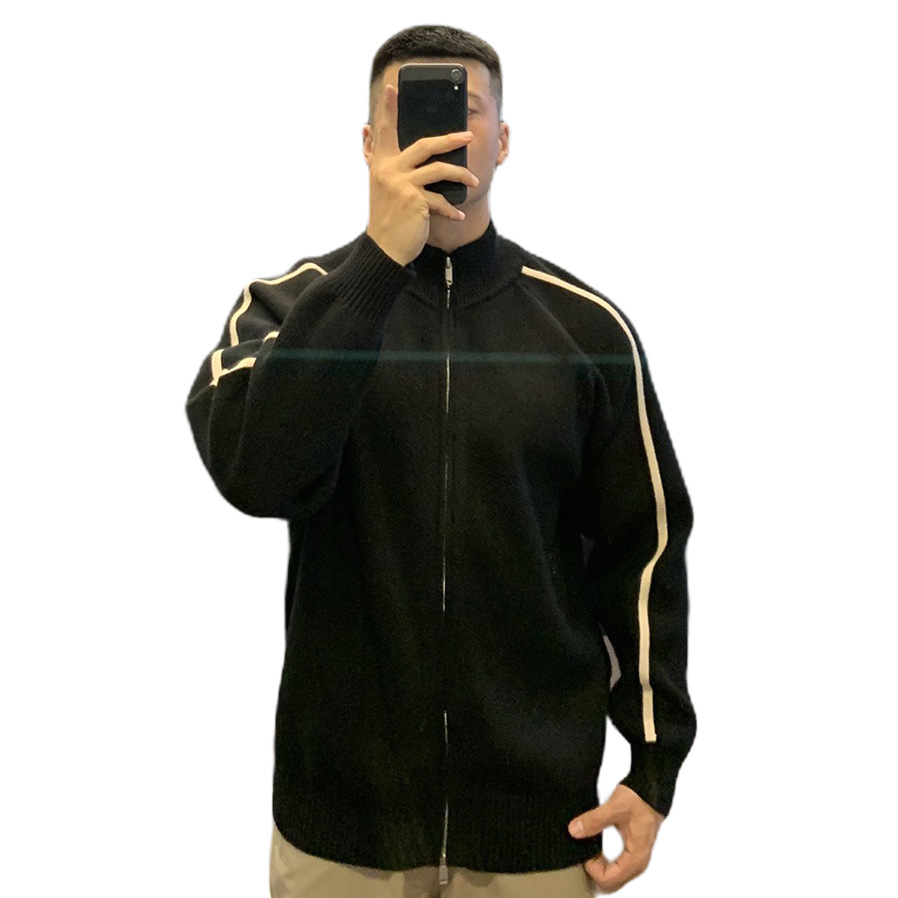 Explosiones transfronterizas de tamaño grande europeo a rayas cardigan suéter de punto chaqueta de hombre chaqueta de doble cremallera fábrica de marea al por mayor