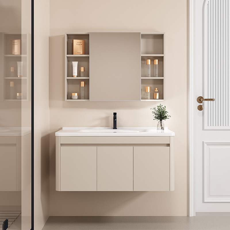 Cream wind 1.8CM aluminum honeycomb skin feeling rounded toilet washstand ceramic integrated basin bathroom cabinet