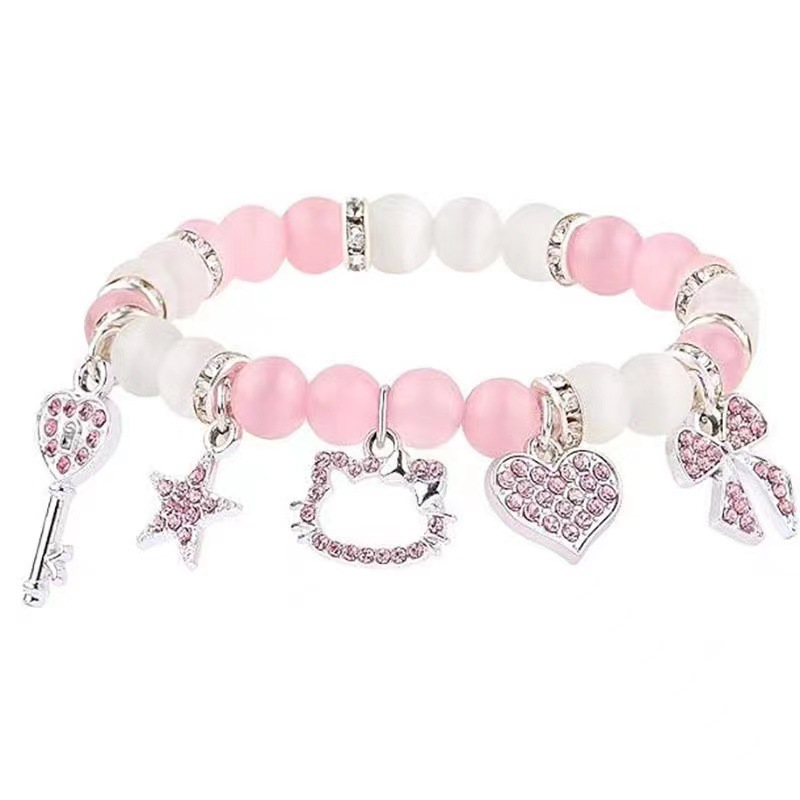 Pink Girly Heart Hello Kitty Beaded Bracelet Set Love Bow Pendant Children's Jewelry Wholesale
