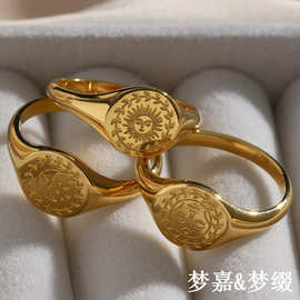 跨境欧美热卖电镀18K星月花纹戒指简约复古风饰品女戒指批发