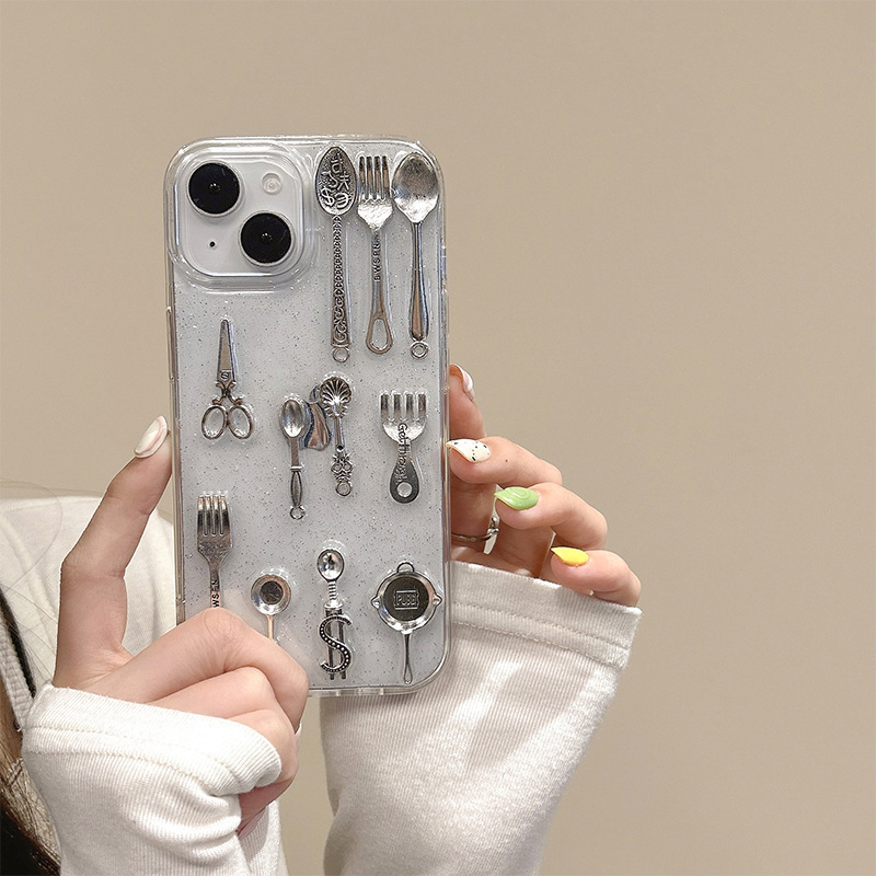Simulated Knife and Fork Glue Phone Case Suitable for Iphone15Promax Tools Fun Apple 17 Transparent 16 Kitchen Utensils