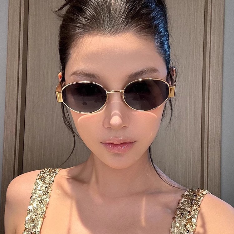 Fashionable Oval-Shaped Sunglasses for Women, High-End Small-Frame Sunglasses, Hong Kong Style Metal Frame Sunshade Glasses, Sun Protection