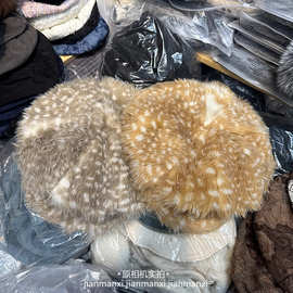 可爱小鹿斑点纹毛绒绒八角帽贝雷帽子女秋冬季显脸小报童鸭舌帽