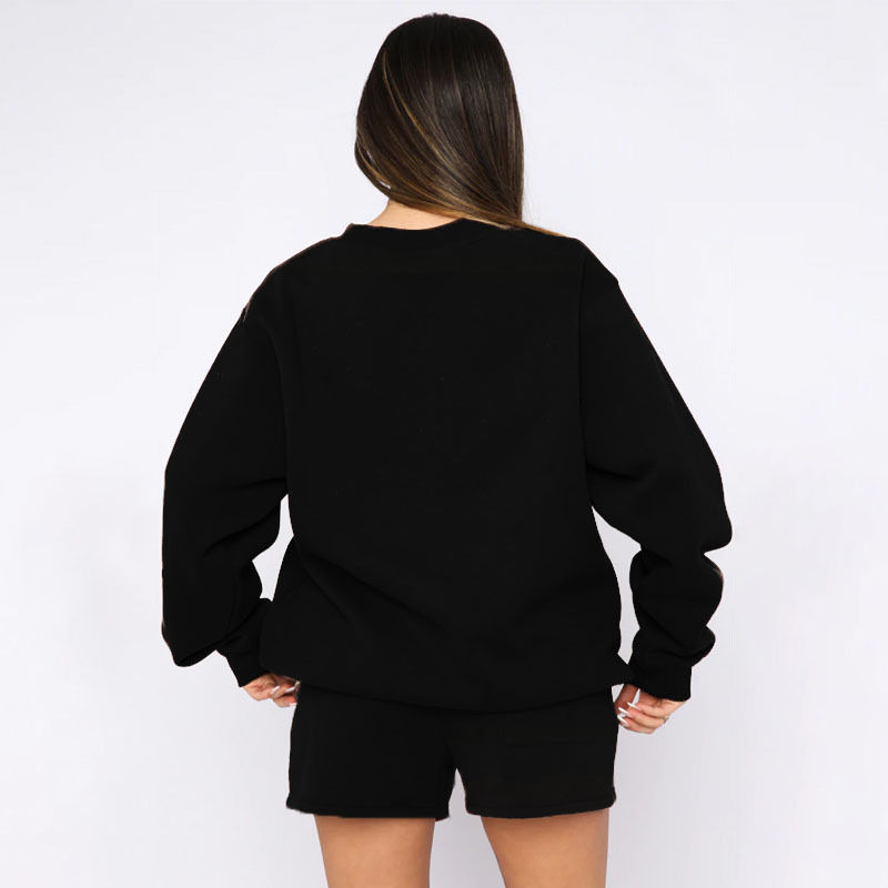 Einfarbiger Pullover, Rundhalsausschnitt, Langarm, modisches, lässiges Shorts-Set_voghion.com