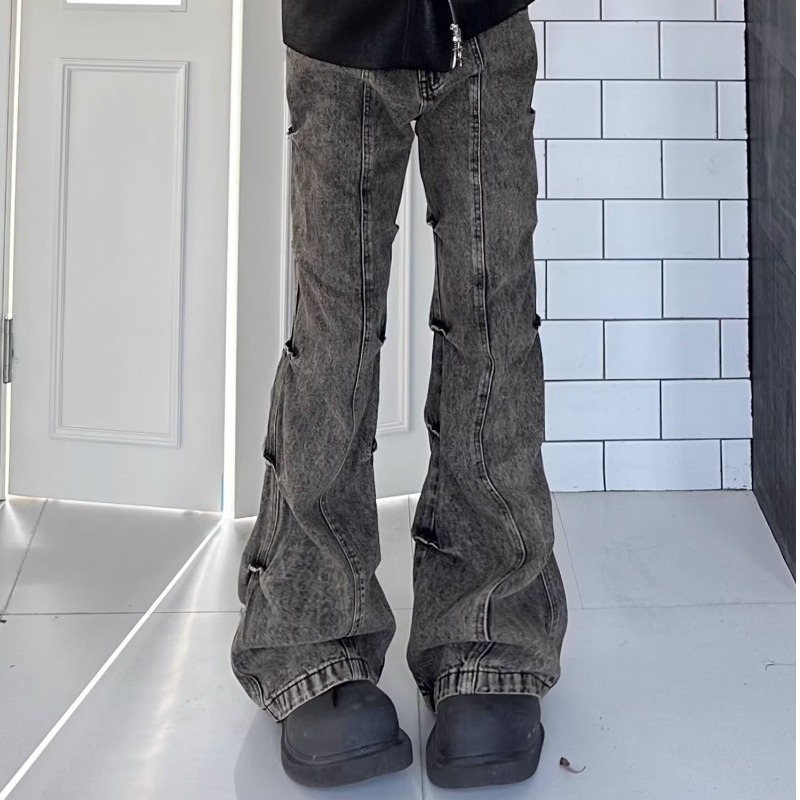 American High Street Vintage Worn-out Earth-tone Washed Pleated Flared Jeans Men's Wide-leg Trendy Long Pants_mkmklike.com