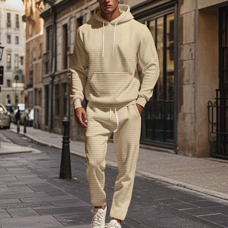 Men's Clothing heavy jacquard small square long sleeved trousers hooded suit _voghion.com