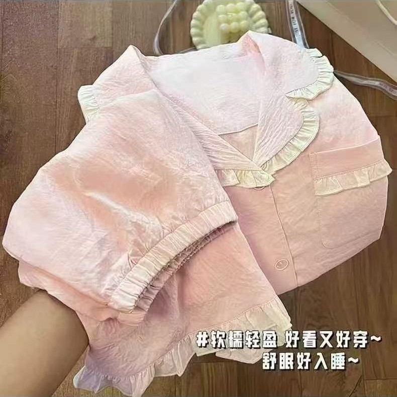 Al por mayor transfronterizo de verano de lótus nubes de algodón pijama con solapa cardigan de mangas cortas pantalones cortos trajes de ropa para el hogar