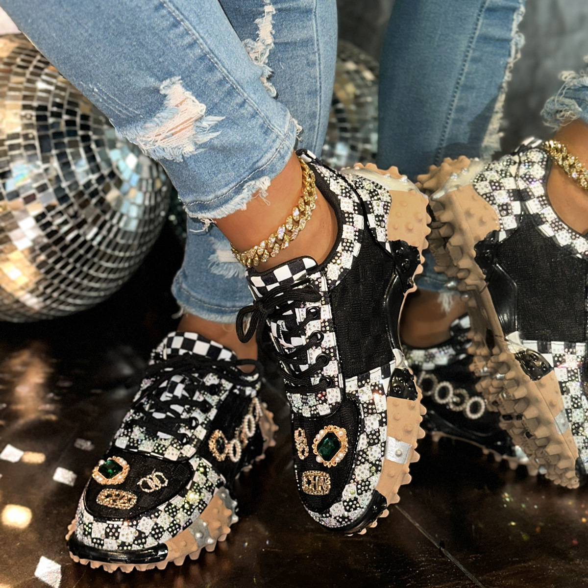 Women's Foreign Trade Diamond-Studded Dad Sneakers, Trendy Ins Style, New Spring and Autumn, Breathable Niche Design, Sports Casual Shoes for Summer