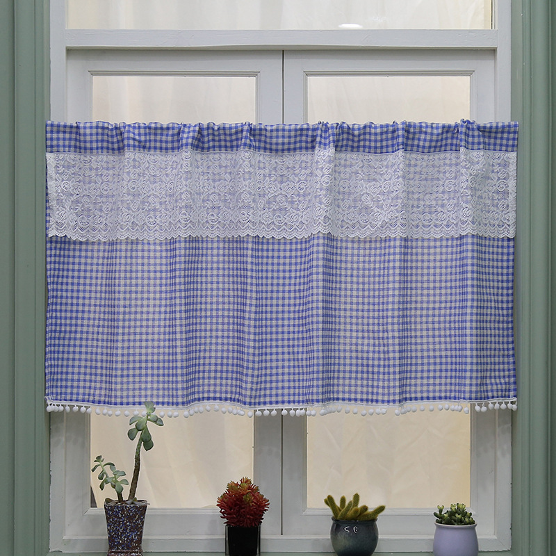 Cortina de porta estilo nórdico xadrez com renda, curta e meia._voghion.com