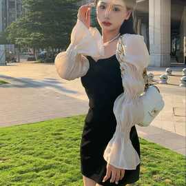 法式显气质抹胸小黑裙女轻奢款式泡泡袖甜辣风性感显瘦时尚连衣裙