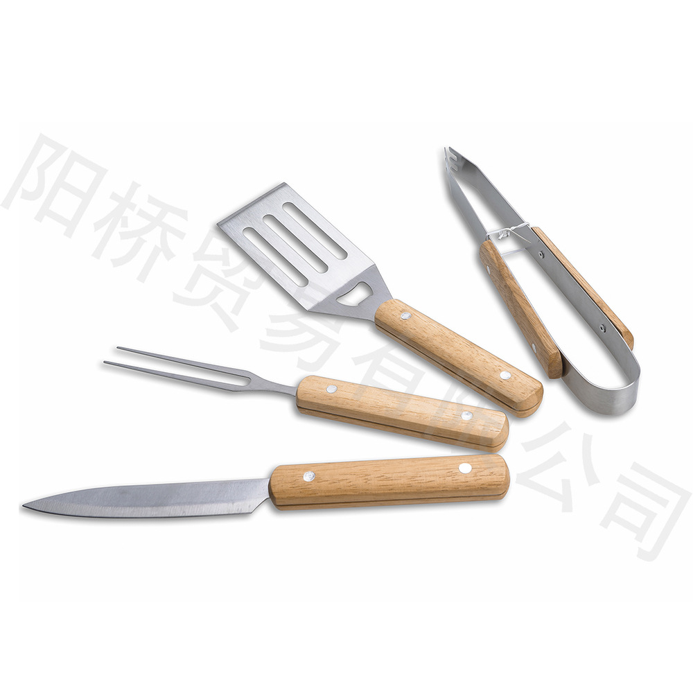Exportación Amazon Barbacoas barbacoa herramientas mango de madera parrilla traje al aire libre camping picnic Acero inoxidable cuchillo tenedor pala clip