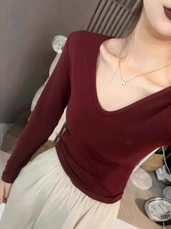 纯欲风正肩V领长袖T恤女2025早秋新款内搭洋气上衣显瘦紧身打底衫|undefined