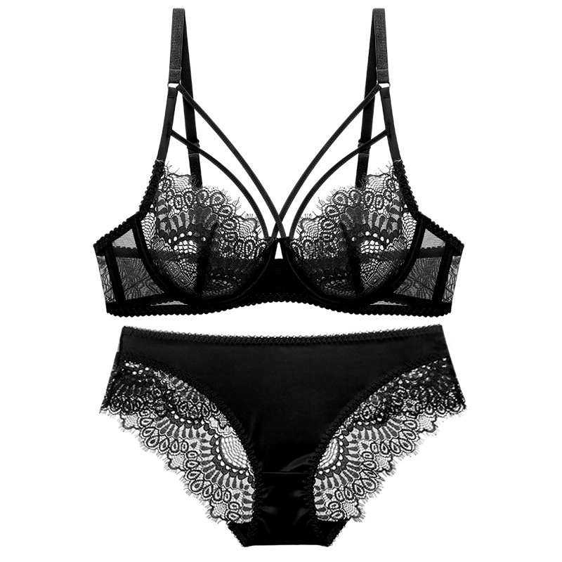 Europa y América transparente sexy encaje más tamaño sujetador traje ultra-Delgado pecho belleza espalda Correa delgada pecho grande sujetador de la ropa interior de las mujeres