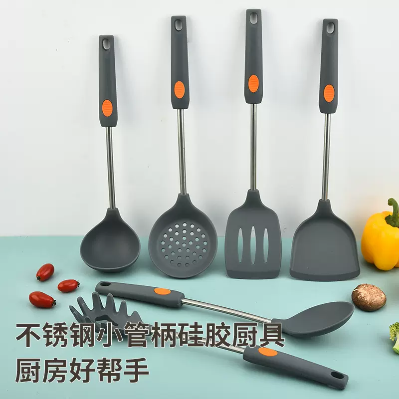 厂家硅胶厨具公司热卖爆款亚马逊不锈钢硅胶汤勺锅铲硅胶烹饪厨具