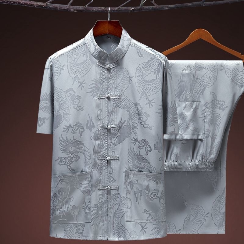Warm Maple Silk Tang Suit Men's Short-Sleeved Shirt for Middle-Aged and Elderly, Silky Chinese Style, Casual Plus Size for Dads and Grandpas, Summer