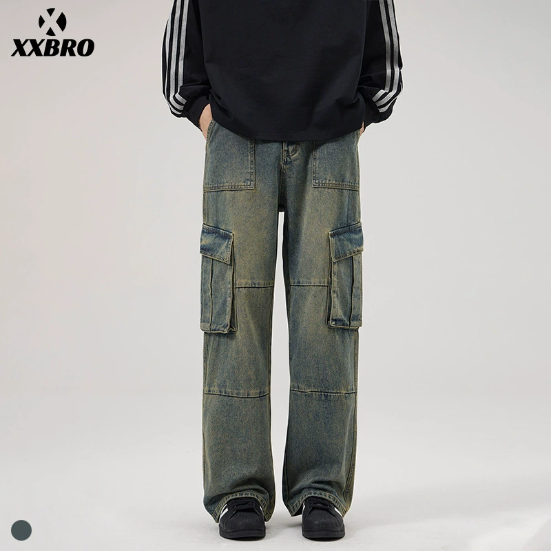 Xxbro мужская одежда # американская высокая улица ретро мульти-карманные сшитые комбинезоны старые прямые свободные джинсы для мужчин и женщин