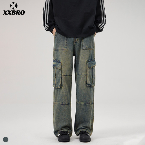 Men's #American High Street Retro Multi-Pocket Patchwork Work Pants Distressed Straight Leg Loose Jeans for Men and Women