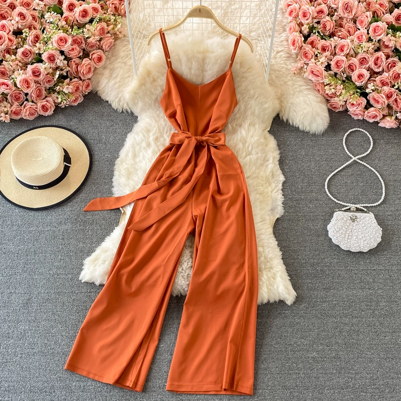 Брюки с V-образным вырезом подтяжки женский 2022 новый летний тонкий тонкий с высокой талией широкая нога комбинезон длинные брюки