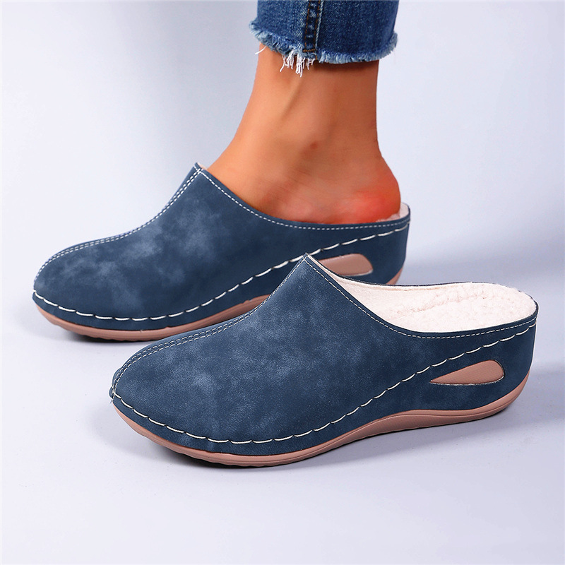 2025 New Cross-Border Half-Slippers with Fleece Lining, Casual Wedge Heels for Autumn and Winter, Women's Large Size Closed-Toe Slip-On Wedge Heels