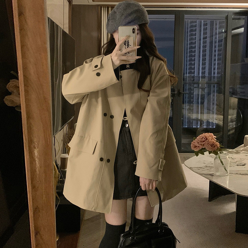实拍复古巴恩风撞色翻领双排扣风衣女春秋休闲外套小个子中长款|undefined