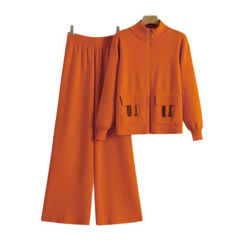 Cross-border French-style Zippered Fashion Suit For Women, 2026 Spring Autumn New Knit Cardigan And Wide-leg Pants_ecoleips.com