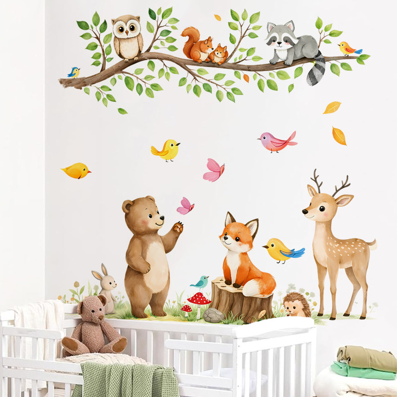 Forest Animal Self-Adhesive Wall Stickers for Children's Rooms, Dormitories, Bedrooms, and Home Decor, Supports Cross-Border Hot-Selling Layouts