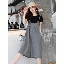 棉麻2023新款夏季薄款格子背带裤女阔腿裤宽松洋气减龄吊带裤