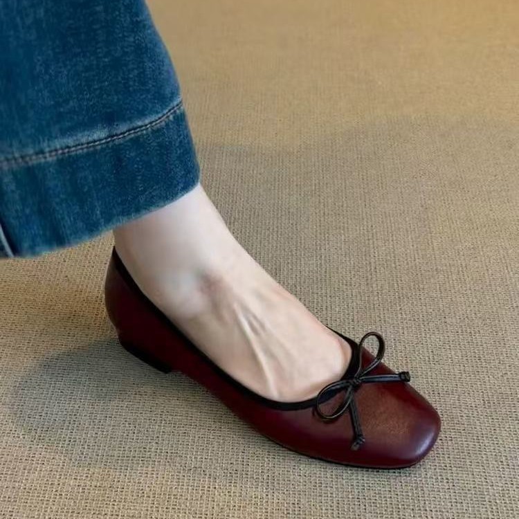 牛革バージョン~女性用の小さな香りのレトロなフラットシューズ、夏のフレンチソフトソールバレエシューズ、リボン付きメリージェーンシューズ|undefined